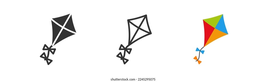 Kite icon on white background.  Colored paper kite in the sky illustration. Wind concept. Funny, happy, childhood symbol. Outline, flat, and colored style. Vector illustration.