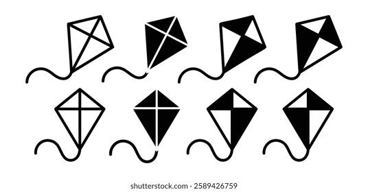 kite icon vector design simle black white color outline and black filled illustration sets