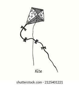 Kite. Ink-Schwarz-Weiß-Doodle-Zeichnung im Holzschnitt-Stil