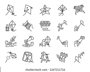 Kite Line Icon Set. Included The Icons As Pilot, Kiteboarding, Kitesurfing, Play, Multiple Kites And More.