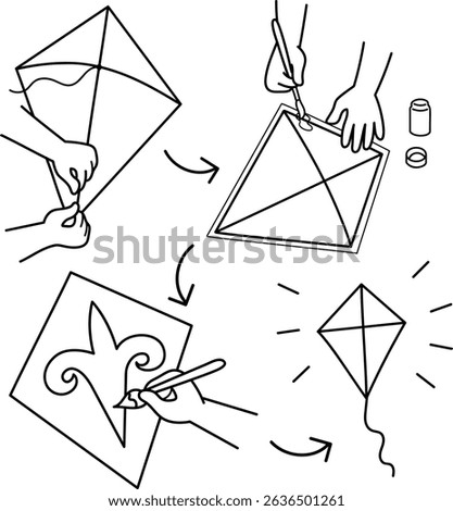 the kite making process black and white vector line art illustration