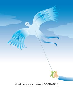 kite man, a flying man hold by a kite rope