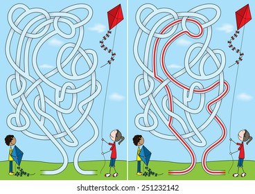 Kite maze for kids with a solution