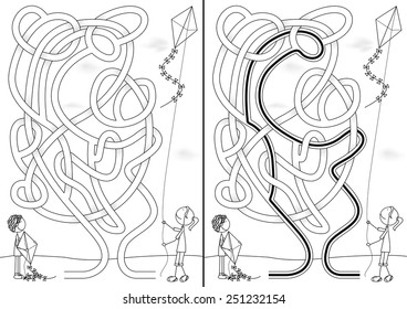 Kite maze for kids with a solution in black and white