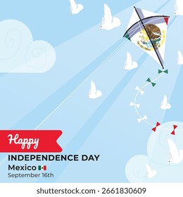 Cometa con bandera de México volando bajo un cielo azul brillante con luz del sol y palomas blancas. Día de la Independencia de México.