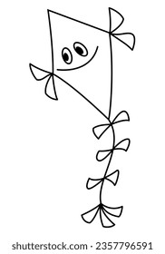 Kite - one traditional flying diamond kite, black and white cartoon vector illustration isolated on white background