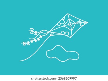 Kite with ornament, ribbons, flying in the clouds. Hand drawn icon, doodle. Line drawing, sketch on color isolated background.