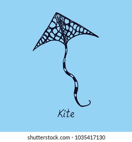 Kite outline with inscription, hand drawn doodle sketch, isolated vector outline illustration? on blue background