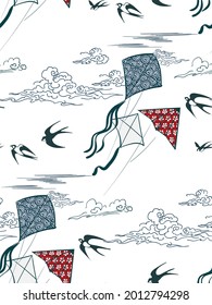 kite pastel blue traditional geometric kimono seamless pattern vector sketch illustration line art japanese chinese oriental