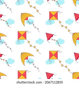 kite pattern. Kites seamless pattern. Flying kites background. Retro fabric style. Vector illustration.