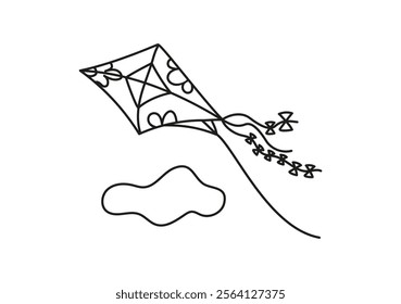 Kite with pattern, ribbons, flying in clouds. Hand drawn icon, doodle. Line drawing, sketch on white isolated background.