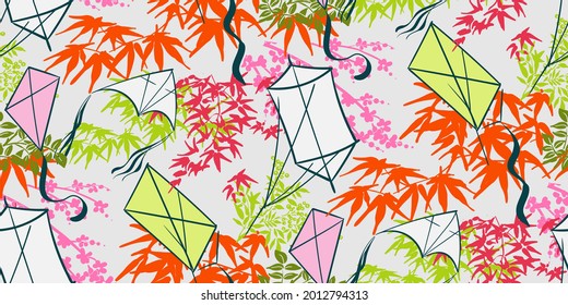 kite pink traditional geometric kimono seamless pattern vector sketch illustration line art japanese chinese oriental