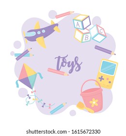 kite plane bucket video game cubes pencils cartoon kids toys vector illustration