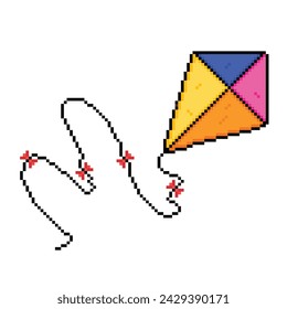Kite with red ribbons decoration. Pixel bit retro game styled vector illustration drawing. Simple flat cartoon art isolated on square background.