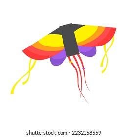 Kite with ribbons and ornaments type as butterfly. Toy, wind, festival concept. Flying wind kite. Cartoon vector illustration