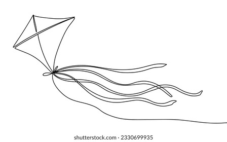 A kite with ribbons rushed into the sky. Fly in the wind. International Kite Day. One line drawing for different uses. Vector illustration. svg