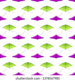 Kite seamless pattern. Vector background with flying colorful toys and clouds. Outdoor summer activity objects. 