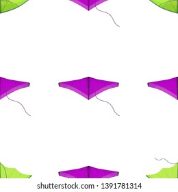 Kite seamless pattern. Vector background with flying colorful toys and clouds. Outdoor summer activity objects. 