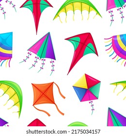 Patrón ininterrumpido de cometas. Niños pequeños abstraen el fondo con globos divertidos y juguetes voladores de verano de papel. Colorida textura infantil. Elementos de dibujos animados. Decoración textil, papel envolvente, impresión vectorial