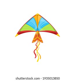 Kite in shape of flying bird in sky isolated kids toy. Vectoryellow, blue green kite with strings in shape of triangle. Uttarayan festival sign.Summertime recreation object kids to play with