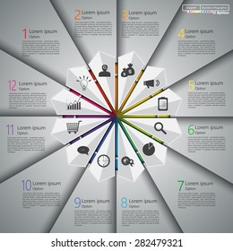 Kite Shape on Colorful Colorful Background, 12 Steps,  Business Icon, Number and Text Informations, Business Infographics Template. Vector Illustration.
