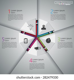 Kite Shape on Colorful Decagon Shape,  5 Steps,  Business Icon, Number and Text Informations, Business Infographics Template. Vector Illustration.