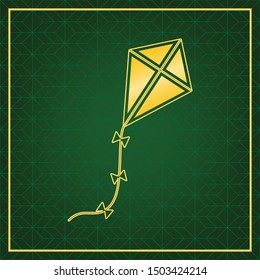 Kite sign. Golden icon with gold contour at dark green gridded background. Illustration.