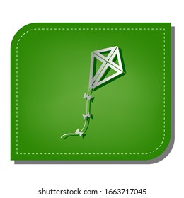 Kite sign. Silver gradient line icon with dark green shadow at ecological patched green leaf. Illustration.