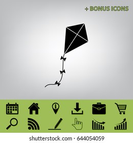 Kite sign. Vector. Black icon at gray background with bonus icons at celery ones