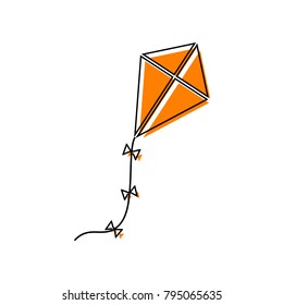Kite sign. Vector. Black line icon with shifted flat orange filled icon on white background. Isolated.