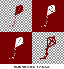 Kite sign. Vector. Bordo and white icons and line icons on chess board with transparent background.