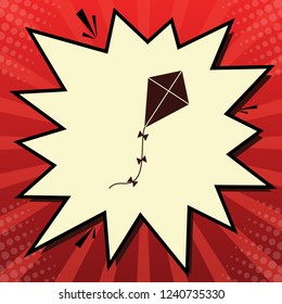 Kite sign. Vector. Dark red icon in lemon chiffon shutter bubble at red popart background with rays.