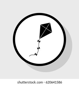 Kite sign. Vector. Flat black icon in white circle with shadow at gray background.