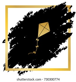 Kite sign. Vector. Golden icon at black spot inside golden frame on white background.