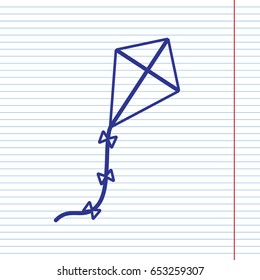 Kite sign. Vector. Navy line icon on notebook paper as background with red line for field.