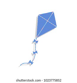 Kite sign. Vector. Neon blue icon with cyclamen polka dots pattern with light gray shadow on white background. Isolated.