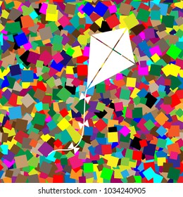 Kite sign. Vector. White icon on colorful background with seamless pattern from squares.