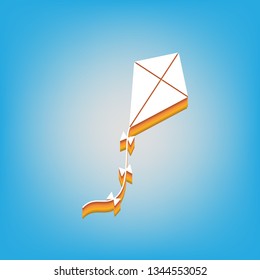 Kite sign. Vector. White icon with 3d warm-colored gradient body at sky blue background.