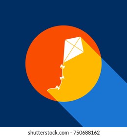 Kite sign. Vector. White icon on tangelo circle with infinite shadow of light at cool   background. Selective yellow and bright navy blue are produced.