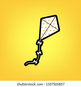Kite sign. Vector. Yellow polka dot white icon with black contour at warm yellow background.