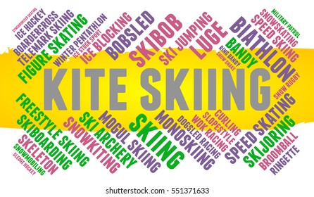 Kite skiing. Word cloud, colored font, white background, winter sport.