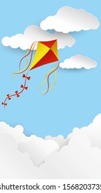Kite in the sky above the clouds. White clouds in a bright blue sky. Summer Background. Picture for lettering, postcards, invitations, festive design. Vector illustration in paper cut style.