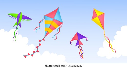 Kite in sky. Cartoon kites flying in clouds, happy festival banner. Summer outdoor play, kids colorful toys fly in wind. Seasonal neat vector background