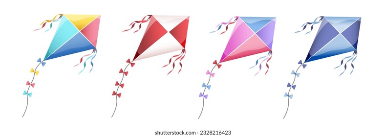 Kite in sky. Cartoon kites flying in clouds, happy festival banner. Summer outdoor play, kids colorful toys fly in wind. Seasonal neat vector background. Set of kites isolated svg