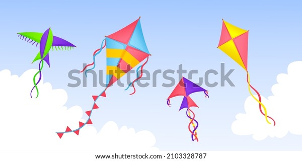 Kite in sky. Cartoon kites flying in\
clouds, happy festival banner. Summer outdoor play, kids colorful\
toys fly in wind. Seasonal neat vector\
background