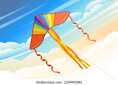 Kite soars in the sky flying colored toy vector illustration with cloudy morning sky on background