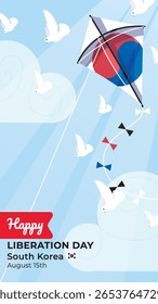 Kite with South Korea Flag Flying Under Bright Blue Sky with Sunlight and White Doves. South Korea Liberation Day.