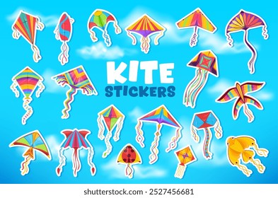 Pegatinas de cometas y juguetes voladores de dibujos animados para niños juego de verano, iconos vectoriales. Etiquetas engomadas coloridas de las cometas de la historieta en forma de cohete, mariquita y pájaro con los peces de colores y las medusas con las colas del arco iris