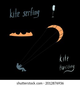 Kite surf sport elements black background. Isolated objects. Sea sports.  board, fins, kite, board. flat vector illustration with hand drawn text