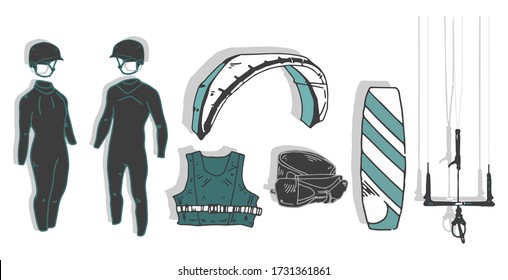 Kite surf sport elements on flat background. Isolated objects. Sea sports. Helmet, lifejacket, board, fins, kite, wet suit, dry suti and board.